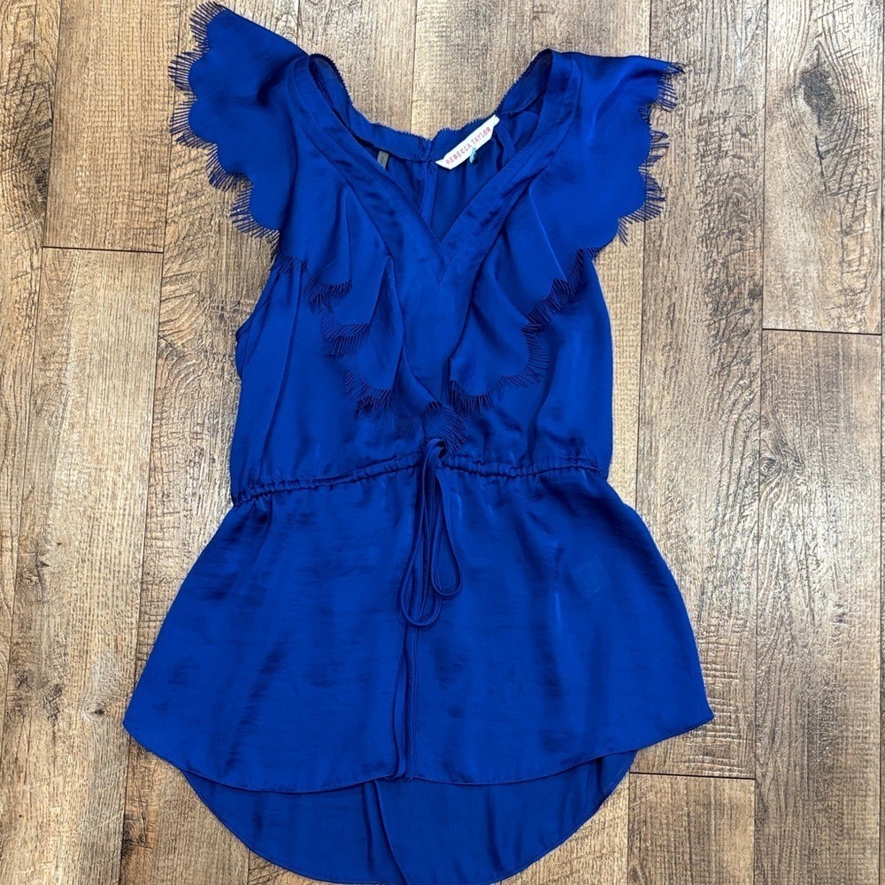 Rebecca Taylor Royal Blue Ruffled Fringe V Neck Cinched Waist Peplum Top